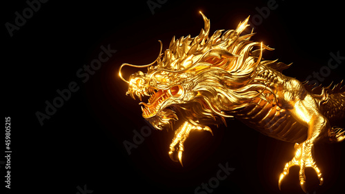 Photography 3D rendering of golden chinese glow dragon isolated on black background