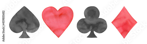 Watercolor illustration set of playing cards suits: spades, hearts, clubs and diamonds. Handdrawn water color red and black drawing on white background, cutout clip art elements for design decoration.
