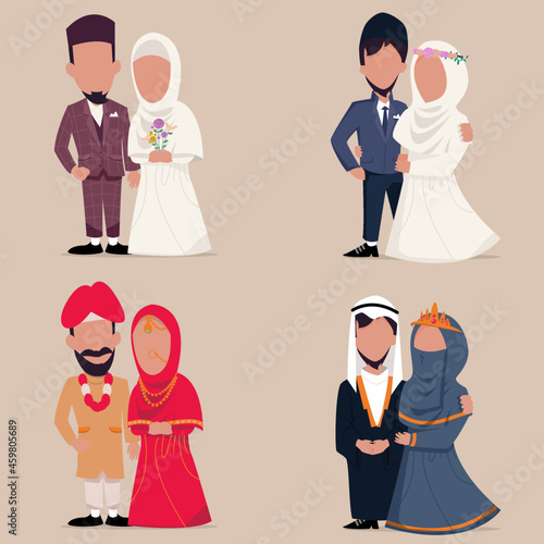 cute and adorable wedding couple characters from various ethnicity