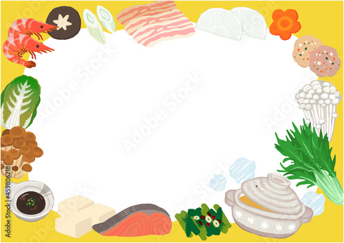 かわいい絵本タッチの美味しいお鍋とたくさんの具　横　黄色ver