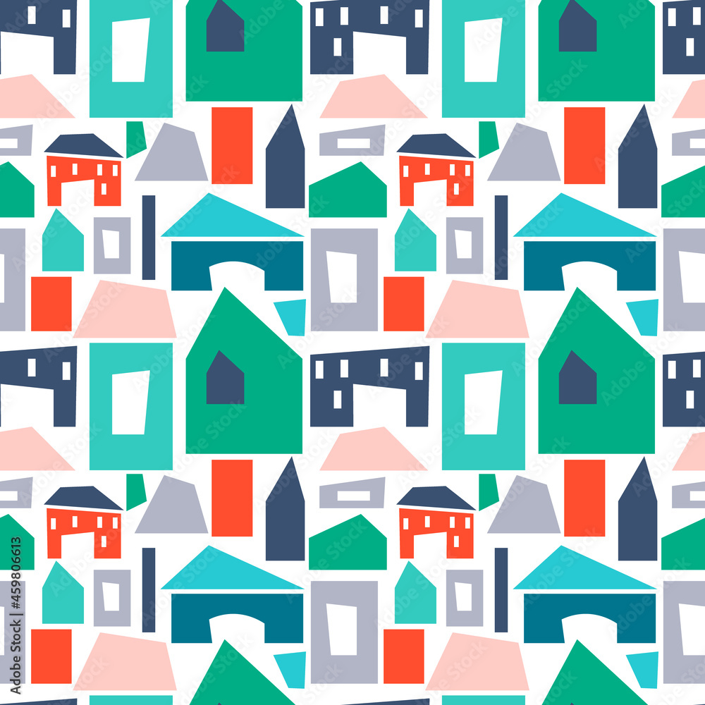 Pattern with abstract houses. City landscape. Vector drawing on a white background. For prints, fabric, scrapbooking, flyers, brochures and covers.