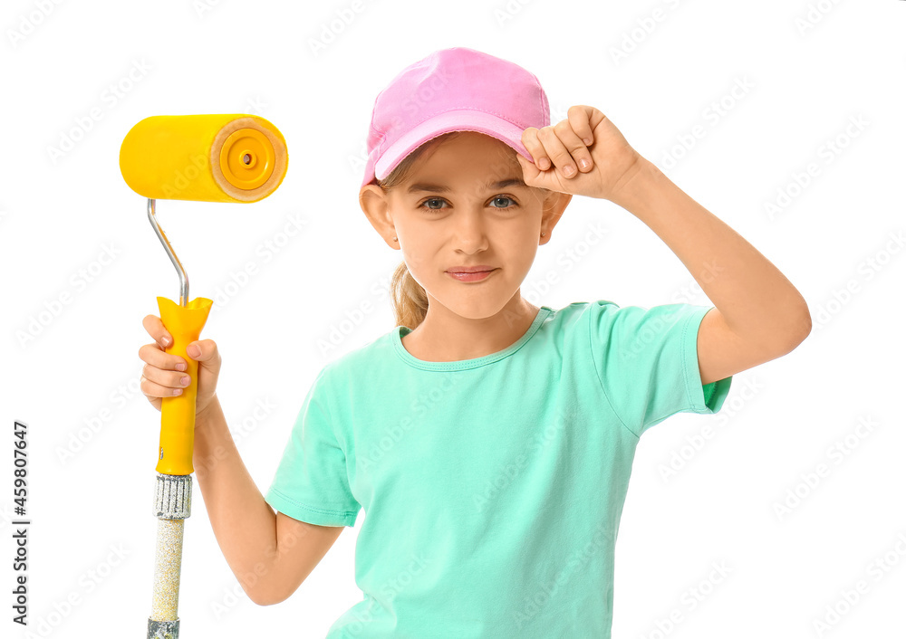 Little painter with roller brush on white background Little painter with roller brush on white background