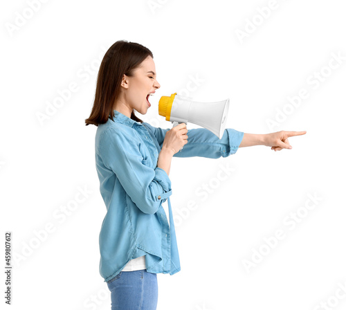 Billede på lærred Protesting woman with megaphone on white background