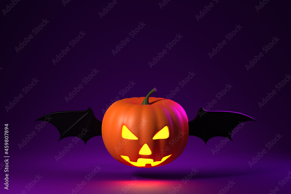 Naklejka premium Halloween Pumpkin with bat wings on purple background. 3d rendering