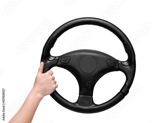 Female hand and steering wheel on white background © Pixel-Shot