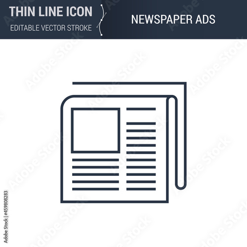 Symbol of Newspaper Thin Line Icon of Advertising Media. Stroke Pictogram Graphic Suitable for Infographics. Editable Vector Stroke. Premium Mono Linear Plain Laconic Logo