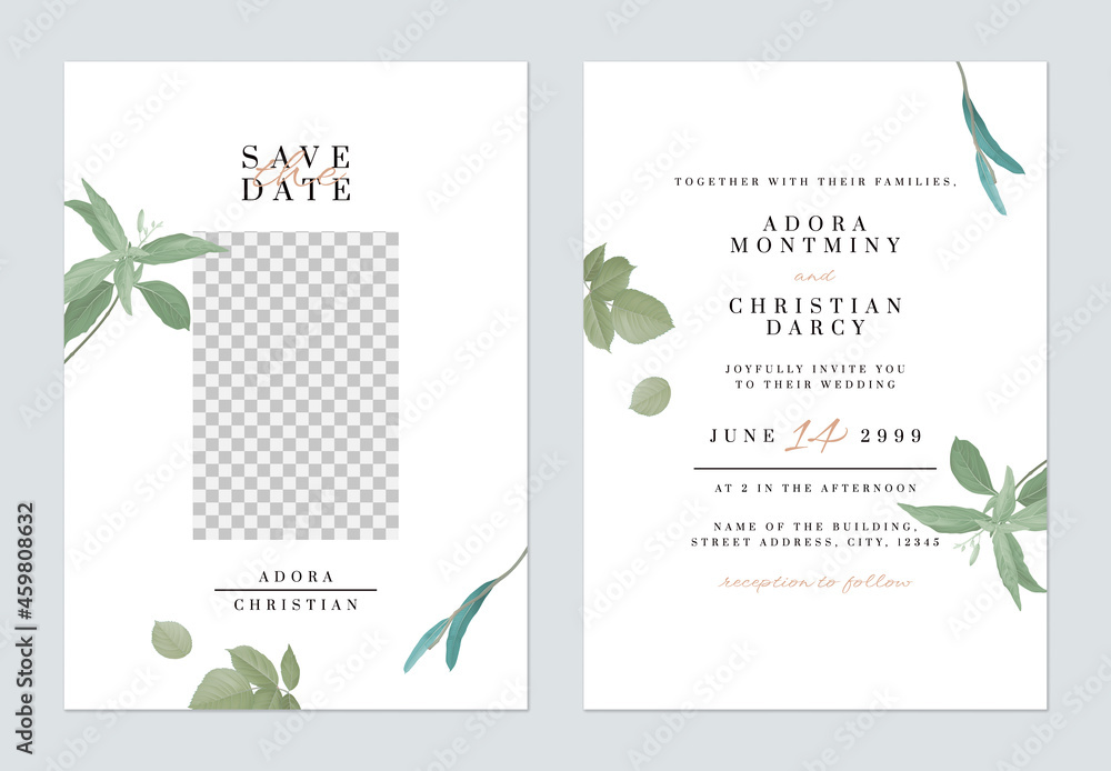 Foliage wedding invitation card template, various leaves on white