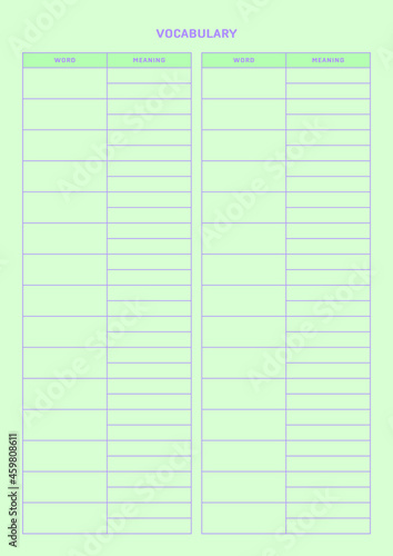 Note, scheduler, diary, calendar planner document template illustration. vocabulary form.