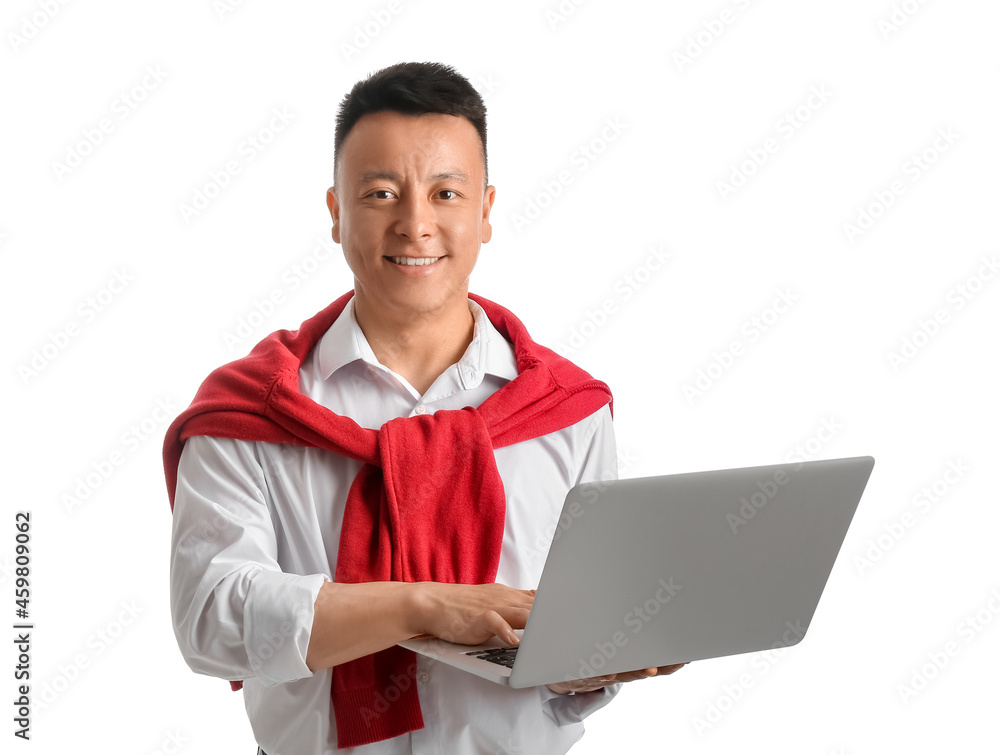 Portrait of Asian teacher with laptop on white background Portrait of Asian teacher with laptop on white background