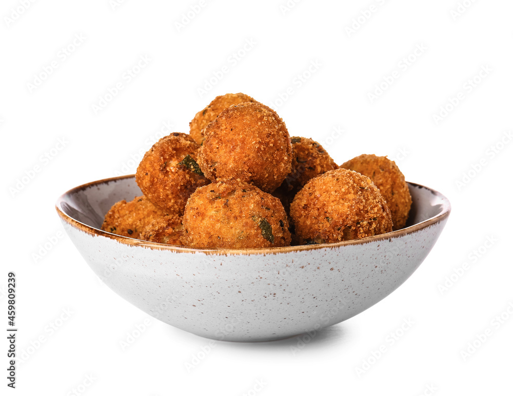 Bowl with tasty cod cutlets on white background Bowl with tasty cod cutlets on white background