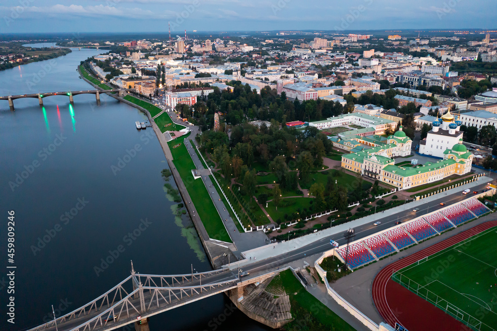 Top view of the bridges over the Volga river in the city of Tver. Russia