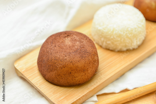 Round brown and white mochi...