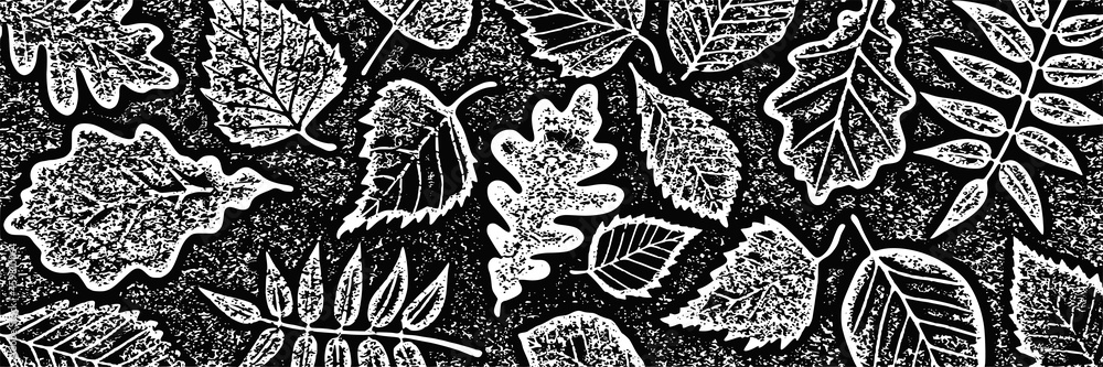 Naklejka premium Autumn background of dry leaves, vector design, shades of gray, banner