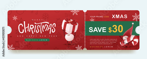 Merry Christmas  Gift promotion Coupon banner with cute gnome and festive decoration for christmas