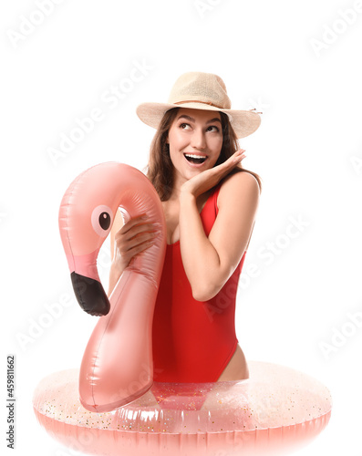 Excited woman with inflatab...