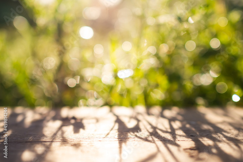 ฺBlur image of wooden table with shadow leaves on bright bokeh grass light days background. abstract blur nature backdrop. for summer or environmental protection concept. © wing-wing