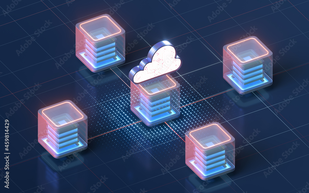 Block chains and cloud computing, 3d rendering. - obrazy, fototapety, plakaty 