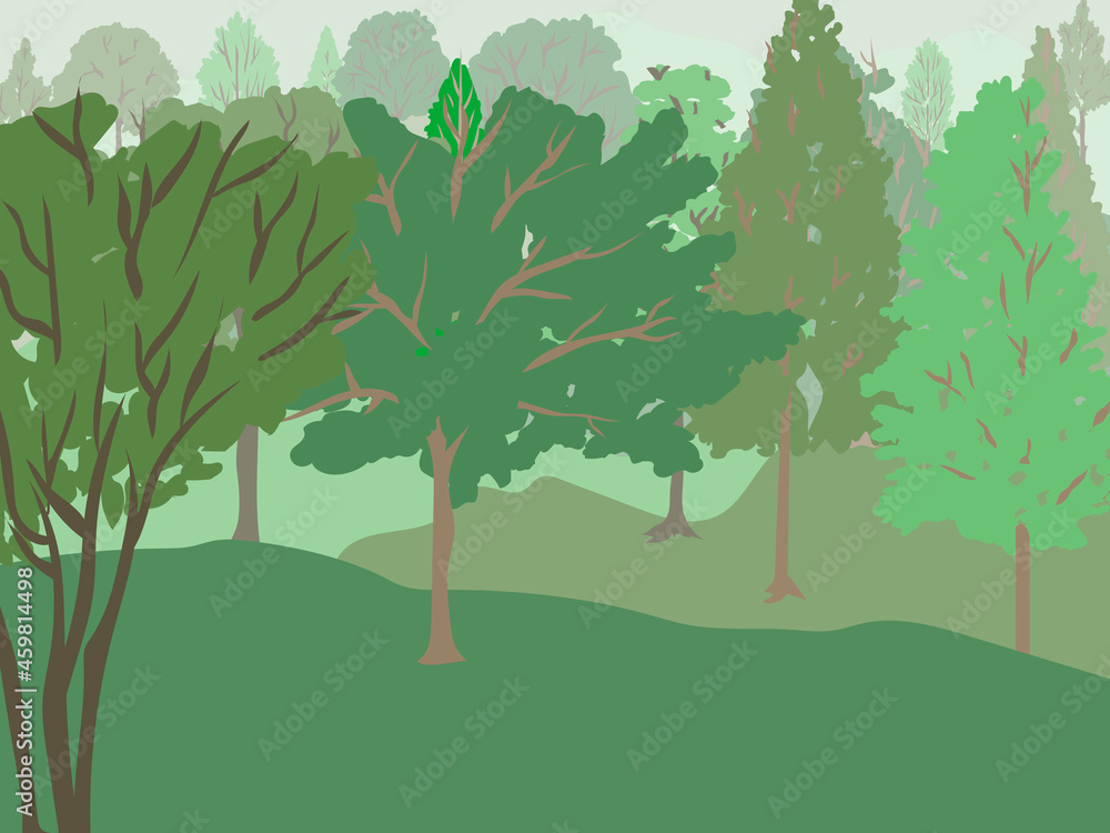 illustration of forest trees in shades of green