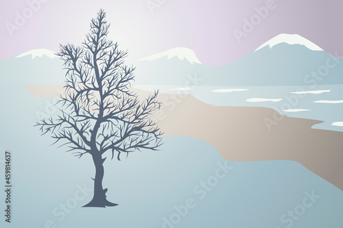 illustration of a winter landscape with dry tree