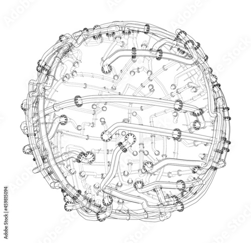 Pipes with flanges around a large sphere. Vector