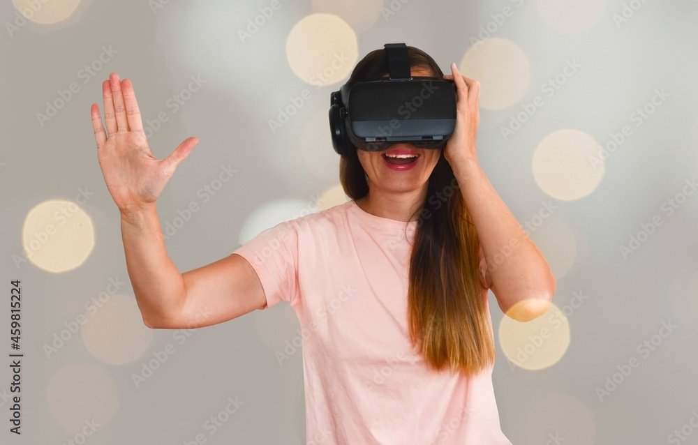 portrait beautiful caucasian young woman experiences virtual reality in vk glasses, concept of innovative technology portrait beautiful caucasian young woman experiences virtual reality in vk glasses, concept of innovative technology