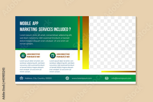 mobile app marketing services banner design template use horizontal layout with white in the background. yellow, gold and green gradient on element design. square shape for space of photo collage.