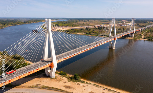 Drone view of the summer landscape of the Oka River and the cable-stayed Muromsky Bridge, Russia © JackF
