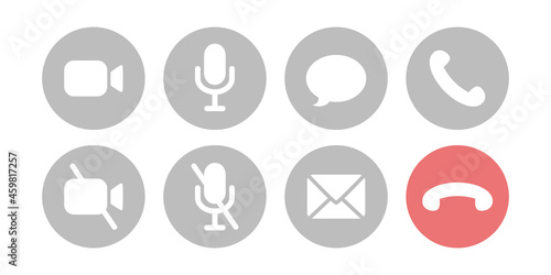 Virtual hangouts icons for conference call. On and off video, sound, message, mail and call icons isolated on white background. Flat vector illustration