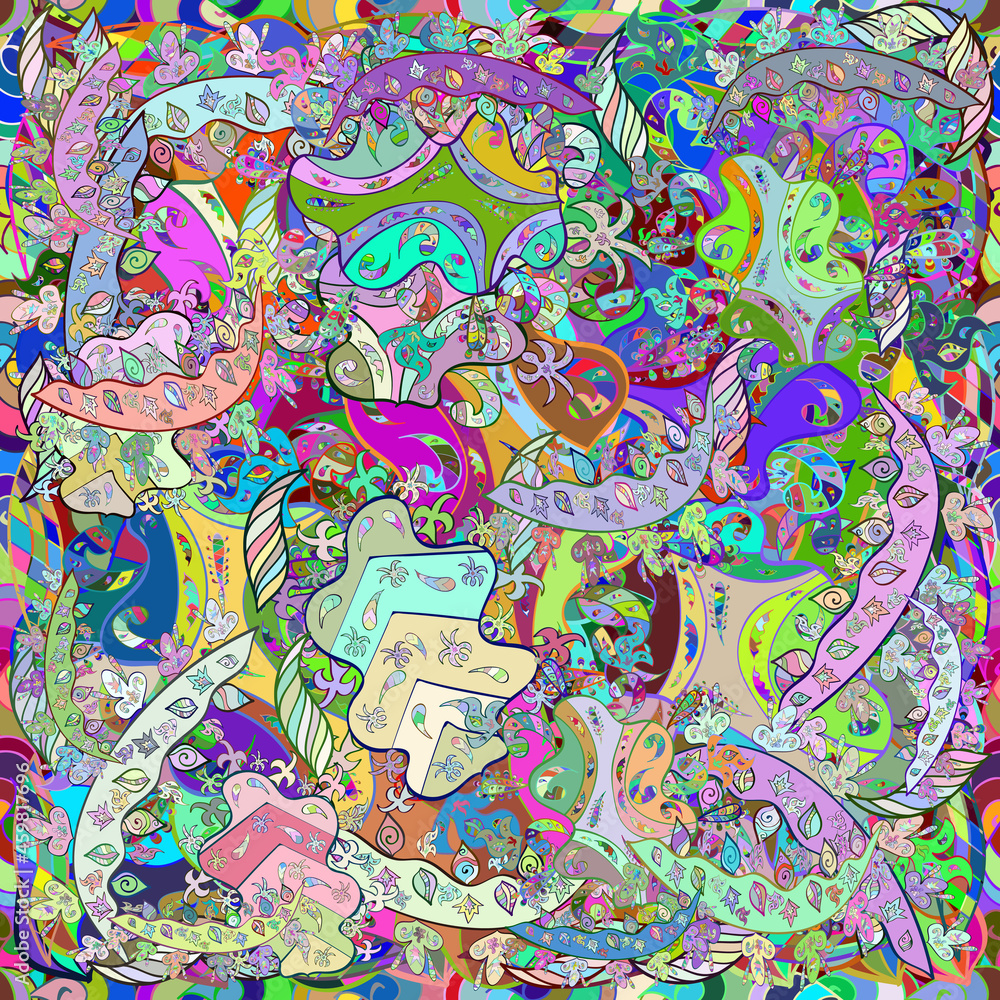 Seamless pattern with interesting doodles on colorfil background. Raster illustration. Seamless pattern with interesting doodles on colorfil background. Raster illustration.