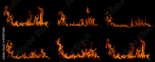 Fire flame collection set isolated on black background.
