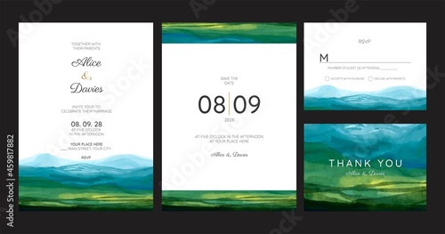 wedding invitation cards with pine forest landscape watercolor	
