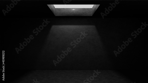 Dark empty concrete room with light shine from celling hole.3drender illustration.