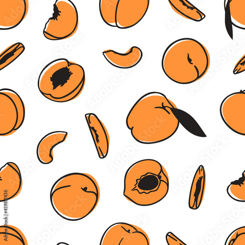 Doodle seamless pattern with peach. Hand drawn stylish fruit and vegetable. Vector artistic drawing fresh organic food. Summer illustration vegan ingrediens for smoothies