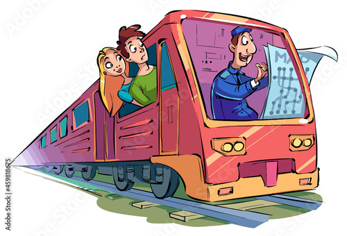 Funny cartoon train driver sits in the cab of the train and looks at the map. Train driver and passengers.