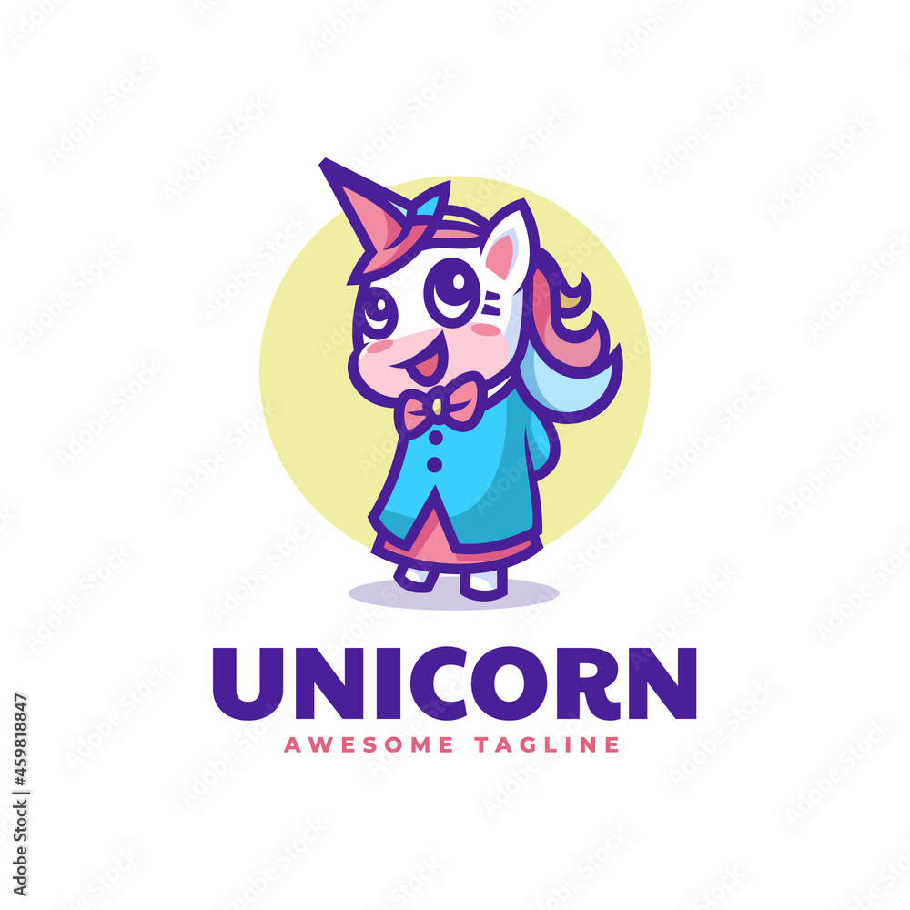 Vector Logo Illustration Unicorn Mascot Cartoon Style.