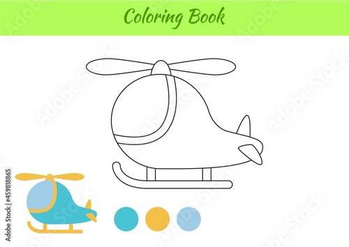 Coloring book helicopter for children. Educational activity page for preschool years kids and toddlers with transport. Printable worksheet. Cartoon colorful vector illustration.