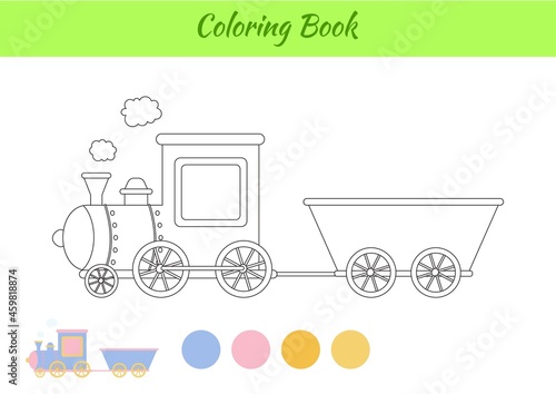 Coloring book train for children. Educational activity page for preschool years kids and toddlers with transport. Printable worksheet. Cartoon colorful vector illustration.