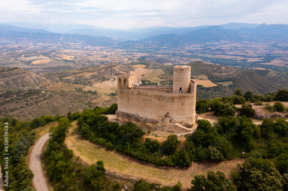 Aerial view of Mur castle in Castell de Mur municipality in northeastern Spain, province of Lleida, Catalonia
