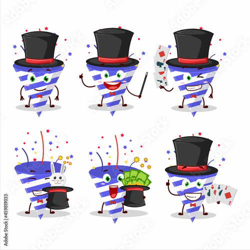 A blue firecracker Magician cartoon character perform on a stage