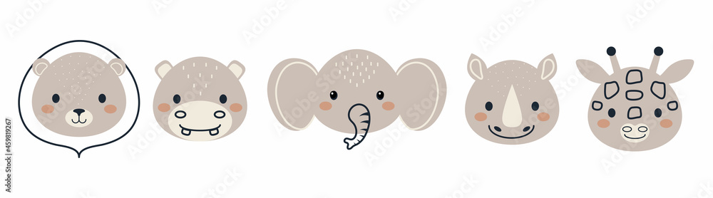 Set of cute african animal heads in scandinavian style. Collection funny animals characters for kids cards, baby shower, birthday invitation, house interior. Bohemian childish vector illustration. Set of cute african animal heads in scandinavian style. Collection funny animals characters for kids cards, baby shower, birthday invitation, house interior. Bohemian childish vector illustration.
