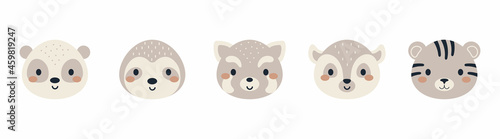 Set of cute animal heads in scandinavian style. Collection funny animals characters for kids cards, baby shower, birthday invitation, house interior. Bohemian childish vector illustration.