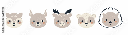 Set of cute woodland animal heads in scandinavian style. Collection funny animals characters for kids cards, baby shower, birthday invitation, house interior. Bohemian childish vector illustration.
