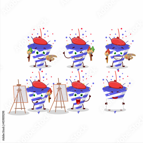 Artistic Artist of blue firecracker cartoon character painting with a brush