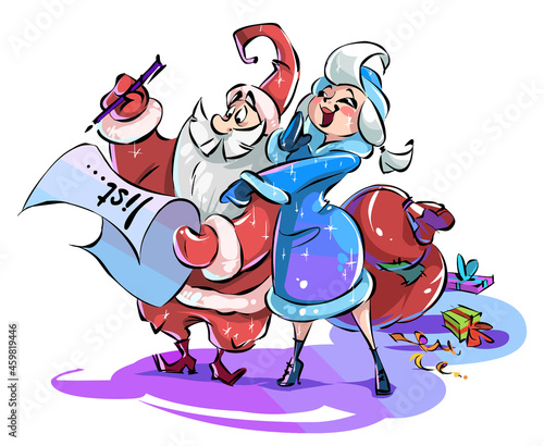 Cartoon Santa Claus and the snow maiden read the list. Grandfather Frost and Snow Maiden on a white background. Funny New Year characters.