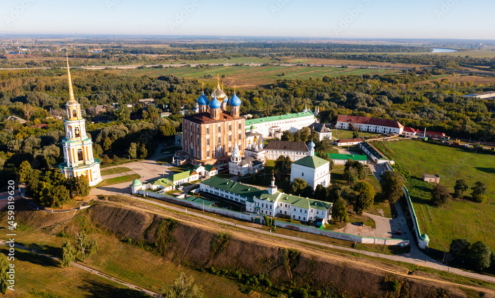 Aerial view of the territory of the ancient Kremlin in the city of Ryazan with the Assumption Cathedral, Russia