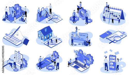 Office work,recruitment, electronic payments,property insurance,search technologies,social networks.A set of isometric icons vector illustrations on the topic of business and technology.