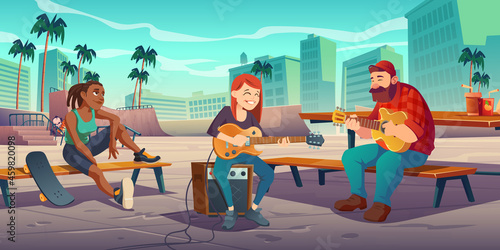 Artists play live music in urban skate park. Singers man and woman playing guitars singing song at public rollerdrome with teens on skateboard, outdoor musical performance, Cartoon vector illustration