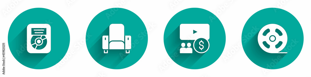 Set CD disk award in frame, Cinema chair, auditorium with screen and Film reel icon with long shadow. Vector Set CD disk award in frame, Cinema chair, auditorium with screen and Film reel icon with long shadow. Vector