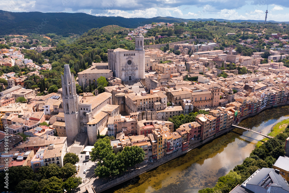 Drone view of the residential areas of the small town of Gerona, located on the territory of Catalonia, Spain