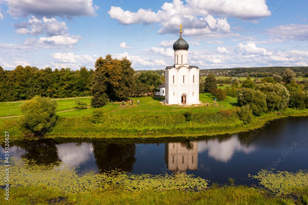 Aerial drone view of medieval Church of Intercession on the Nerl in summer, Russia